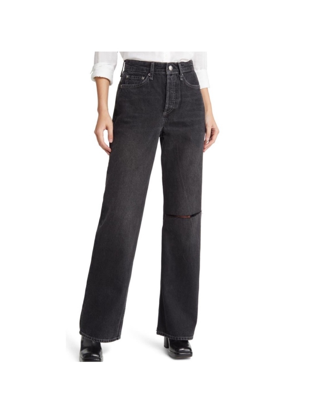 rag & bone Mid-Ride Logan Wide Leg Black Distressed Jeans Size 28